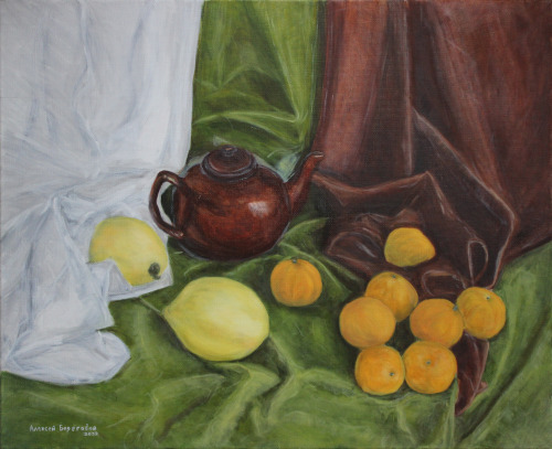 Still Life with Teapot, Quince, and Tangerines Painting by Alexey Beregovoy