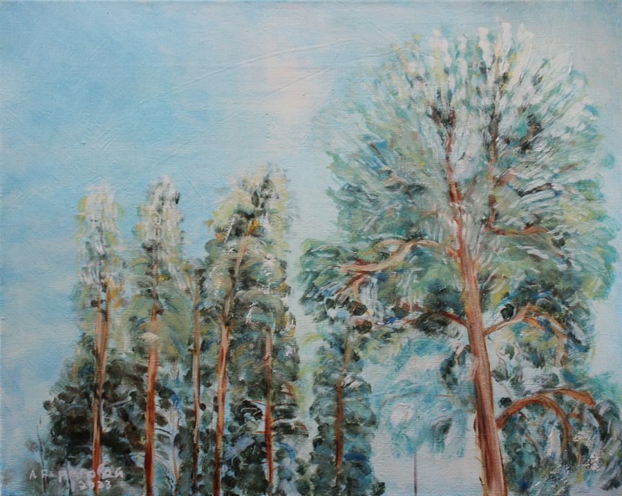 Tops of Pine Trees in the Winter Forest Painting by Alexey Beregovoy