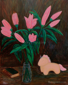 Plush Unicorn Rests near a Bouquet of Lilies Painting by Alexey Beregovoy