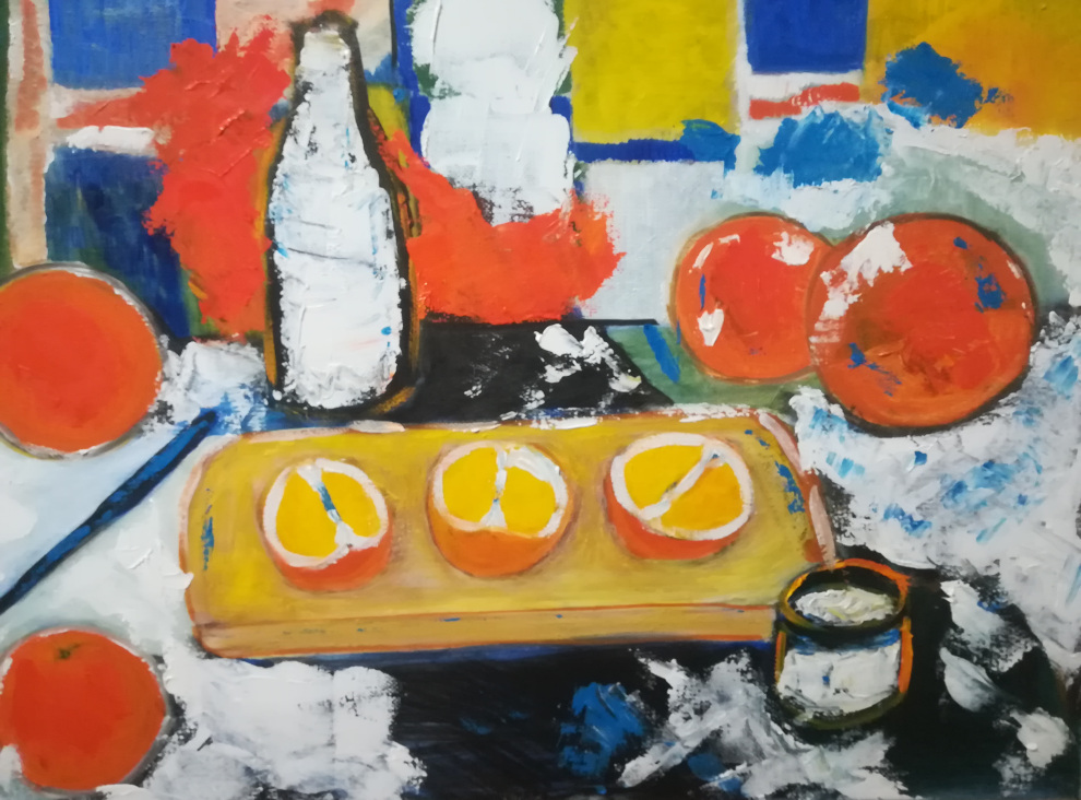 Still life with Oranges and a Shining Bottle of Milk Painting by Alexey Beregovoy